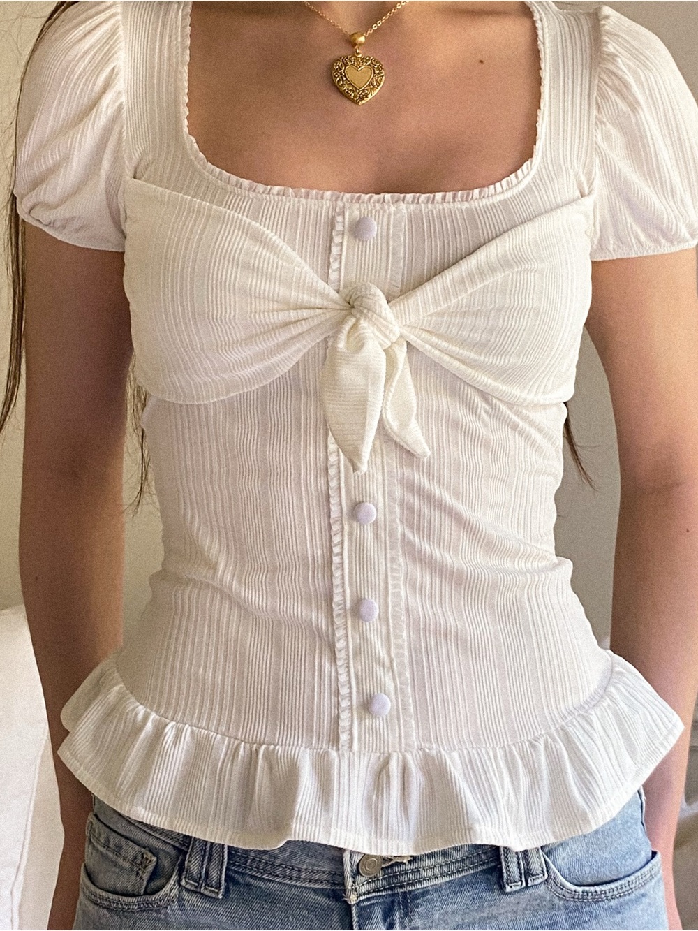 Handmade White Ruffle Button Down Rib Knit Blouse with Tie Bust and Puff Sleeves